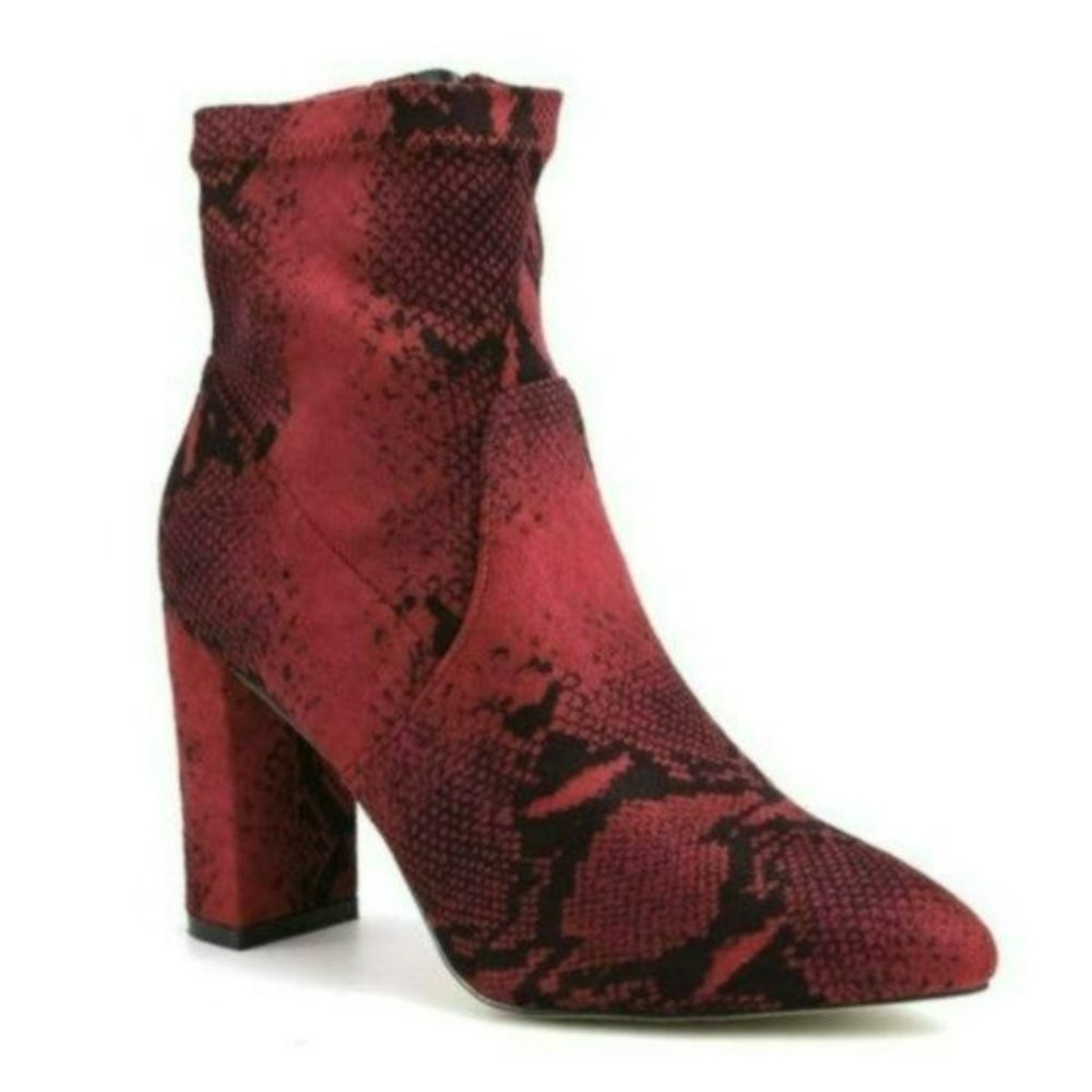 NWT Catherine Catherine Malandrino Snake Faux Suede Block Heel Stretch Booties - Picture 2 of 6